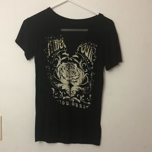 Black Graphic Tee with Netted V-Neckline